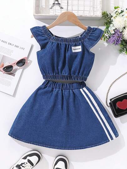 SHEIN 2 件套年轻女孩休闲风格运动飘袖收腰牛仔上衣搭配松紧腰牛仔裙，适合春夏季外出、城市街头摄影、学校、派对和各种场合