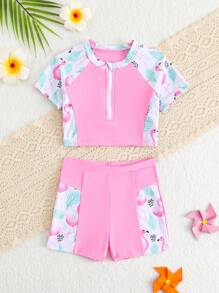 Young Girl Solid Color Splicing Front Button Short Sleeve Bikini Swimwear Set