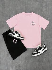 SHEIN 2 pièces/Set T-shirt rose et shorts noirs mode pour garçons adolescents, tenue décontractée