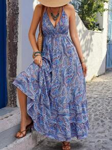 Breezaya Women's Vacation Paisley Print Ruffled Hem Random Print Halter Neck Dress - Blue - View 4