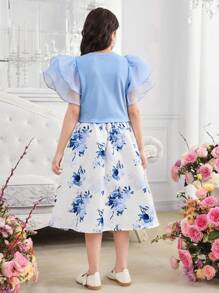 SHEIN Leap Crew Tween Girls 2pcs Set Layered Ruffle Sleeve Blouse & Floral Print Skirt - Blue and White - View 9