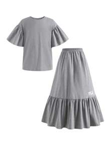 SHEIN 青少年女孩休闲荷叶边袖圆领宽松T恤和裙子两件套