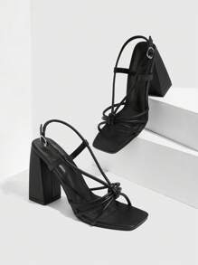 CUCCOO SZL 女士时尚黑色细带组合踝带方头粗高跟凉鞋，适合通勤、约会、派对、时尚