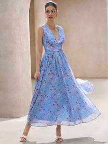 Aveloria 浪漫花卉雪纺梦幻印花褶腰无袖连衣裙，适合女士春季波西米亚风度假时尚风格全身印花，适合夏季春秋季 - 彩色 - 查看 3