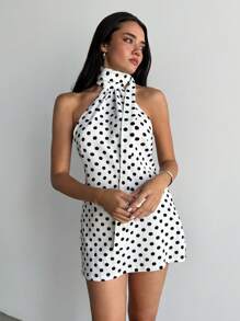 Aloruh 女士性感波尔卡圆点印花露背挂脖迷你连衣裙情人节露背连衣裙，夏季连衣裙春装，露背连衣裙 - 白色 - 查看 3