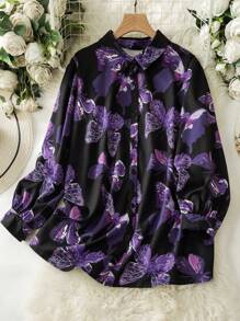 Lacomfia Plus Size Women's Purple Butterfly Printed Casual Loose Spring Autumn Blouse - Black - View 1