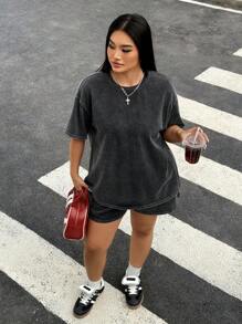 Comfortcana Conjunto de 2 piezas talla grande: Camiseta de manga corta y cuello redondo en negro y pantalones cortos, ropa de primavera-verano