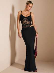 SHEIN BAE 夏季海滩度假纯黑色蕾丝性感透视吊带长裙，适合日常约会、夜间外出、夜总会、派对、聚会、鸡尾酒会、泳池派对、返校季服装、学校季节连衣裙、节日连衣裙女士连衣裙女士纯色性感无袖连衣裙、白色连衣裙、度假连衣裙、毕业典礼和返校连衣裙、婚礼伴娘礼服、春夏无袖纯黑色极简主义性感圆领修身、黑色连衣裙、约会夜连衣裙、伴娘迷你连衣裙、优雅小黑裙、春夏、网眼 - 黑色 - 查看 3