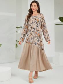 Lacomfia Women Contrast Panel Round Neck Loose Woven Printed Long Sleeve Dress - Multicolor - View 6