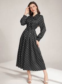 Modelyn 女士优雅圆点印花编织 V 领蝴蝶结腰部修身长裙