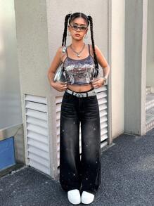 SHEIN Teens/Teen Girl Sparkly Rhinestone Embellished Loose Wide-Leg Blue Denim Pants