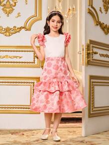 SHEIN Tween Girls Elegant Summer Party 2 Pieces Set,White And Pink Textured Floral Sleeve Crop Top & Rose Jacquard Satin A-Line Skirt Luxurious Outings - Multicolor - View 4