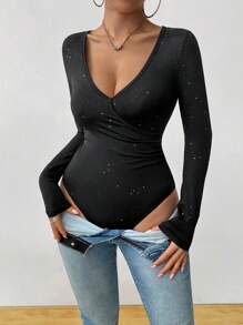 Chiquease Bodyduit ajustado y sexy de unicolor con lentejuelas, cuello escote corazón profundo y manga larga para mujeres - Negro - Ver 6