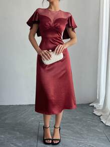 DAZY Ankle-Length Fitted Red Dress With Mesh Ruffle Trim, Suitable For Parties, Dates, And Nights Out Prom Dress Sundress Wedding Women Dresses Christmas - Burgundy - View 5