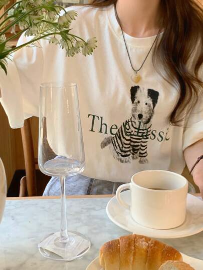 DAZY 女士休闲小狗印花圆领短袖T恤图案T恤，教师款