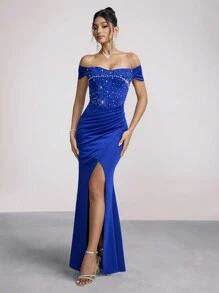 SHEIN Belle Vestido de Festa Formal Elegante de Ombros de Fora Manga Curta Azul Royal com Aplicações de Strass, Fenda Lateral, Vestido de Convidado de Casamento, Vestido de Festival de Música Primavera/Verão, Vestido de Festa - Azul Marinho - Visão 3