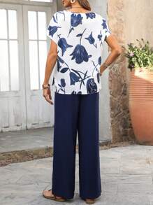 EMERY ROSE 2pcs Women Solid Color Short Sleeve T-Shirt And Long Pants Set, Minimalist Casual Everyday Wear