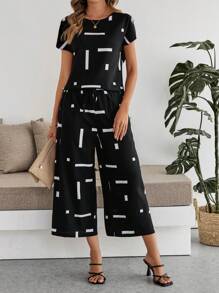 EMERY ROSE 2pcs Women's Round Neck Short Sleeve Printed Minimalist Top And Long Pants Set - Black - View 4