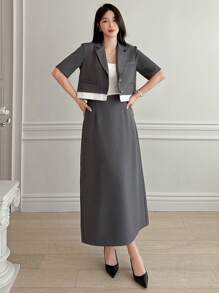 DAZY 女士两件套西装 - 撞色拼接短袖外套和半裙套装，秋季商务装 - 深灰色 - 查看 5