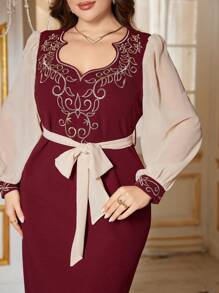 Al Najma 大码女式刺绣阿拉伯连衣裙，优雅时尚 - 紅色 - 查看 4