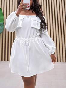 Slaydiva Vestido casual de playa blanco todo a juego de talla grande con hombros descubiertos, cintura, línea A, bolsillos, adecuado para primavera/verano, versátil para uso diario - Blanco - Ver 4