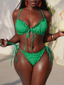 Slaydiva Ensemble bikini Top et bas à bretelles fines texturé unicolore pour femme, maillot de bain casual pour vacances à la plage en été