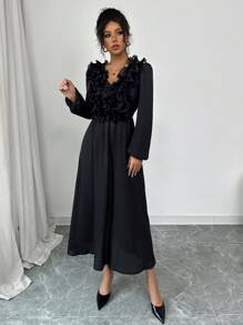 Elenzga Casual Romantic Boho Style Textured Ruffle Trim Women Long Sleeve Midi Dress, Chiffon Fabric' Fall Cloth For Women - Black - View 4