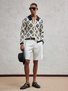 SHEIN X ELOISA & ORSON AKNOTIC Business Casual Cárdigan calado de color contrastante ajustado para hombre, adecuado para las temporadas de primavera y otoño