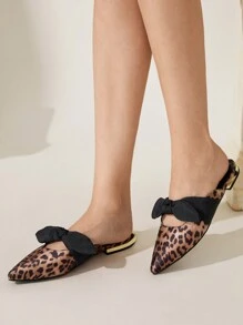CUCCOO CHICEST Mocasines planos con puntera puntiaguda, estampado de leopardo y decoración de lazo, estilo dulce para damas