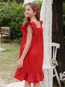 SHEIN Wildeya Tween-Mädchen Lässiges, elegantes, süßes A-Linien-Kleid mit Flügelärmeln und Schleife, Kleid mit rundem Kragen, rot, geeignet für Frühling, Sommer, Herbst, Ausflüge, Schule