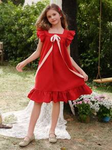 SHEIN Wildeya Tween-Mädchen Lässiges, elegantes, süßes A-Linien-Kleid mit Flügelärmeln und Schleife, Kleid mit rundem Kragen, rot, geeignet für Frühling, Sommer, Herbst, Ausflüge, Schule