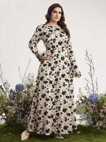 Graceveil 大码女式圆领长袖花卉印花休闲连衣裙 - 彩色 - 查看 6