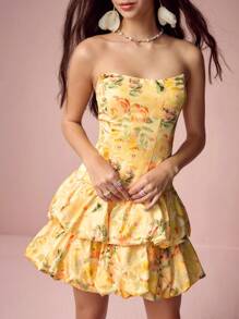 Enchnt 春夏浪漫女士黄色花卉印花紧身胸衣双泡泡下摆露肩可爱迷你连衣裙，甜美性感太阳裙，适合节日派对、度假、甜蜜约会和毕业季，时尚女士夏装，连衣裙优雅