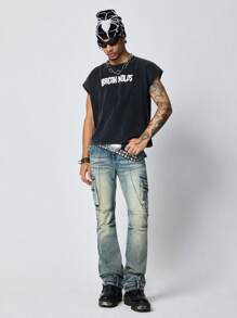 ROMWE MEN Street Life Men's Cargo Casual Front Button Pocket Layered Straight Jeans, Street Style - Medium Wash - View 4