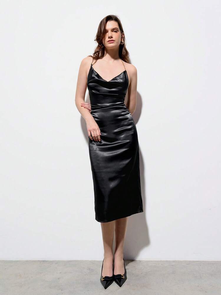 SHEIN Maija Spring And Summer New Style Black Sexy Halterneck Metal Decorated Woven Women's Long Dress Urban Modern Elegant Sleeveless Daily Casual Commuting Suitable For Going Out For Vacation Holiday Party Wedding Date Outfit