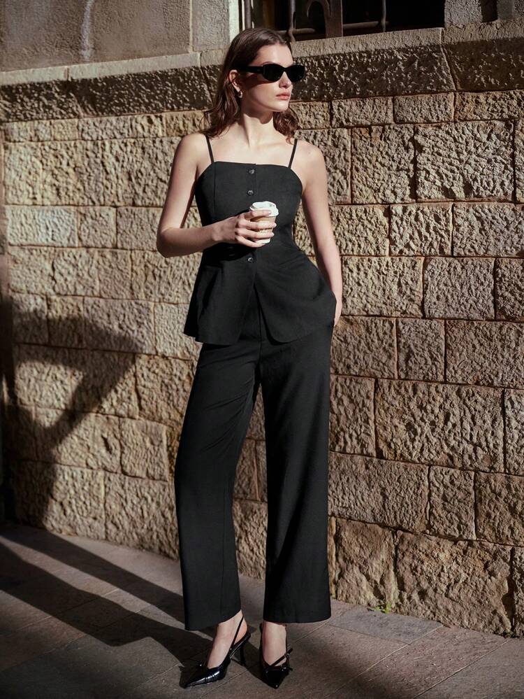 SHEIN Maija Spring And Summer New Style Black Woven Women's Trousers, Suit Pants, Urban, Modern And Elegant, Daily Casual Commuting, Suitable For Going Out, Vacation, Parties, Weddings And Dates.