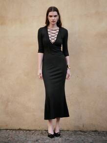 Maija Spring And Summer New Style Black Knitted V-Neck Lace-Up Sexy Women's Long Dress, Urban, Modern And Elegant, Daily Casual Commuting, Suitable For Going Out For Vacation, Party, Wedding And Date Wear