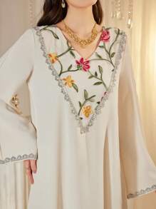 Al Najma Women's Elegant Floral Embroidered White Abaya, Arabic Islamic Dress For Women, Moroccan Caftan, Modest Kaftan