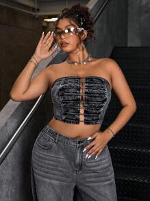 SHEIN ICON Plus Size Strapless Collar Simple Fitted Casual Denim Top - Black - View 3