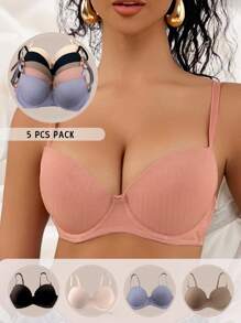 5 Pieces Women's Padded Underwire Bra Set - Multicolor - View 1