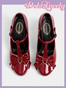 Dola Lovely 女士黑白玛丽珍经典复古洛丽塔蕾丝图案高跟鞋 - 紅色 - 查看 6