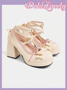 Dola Lovely 女士休闲时尚防滑粗跟厚底蓝色可爱卡哇伊蝴蝶结高跟鞋