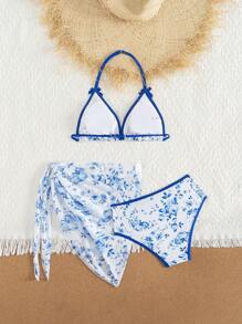 Tween Girls Blue Floral Bow Cute Vacation Bikini Set - Multicolor - View 2