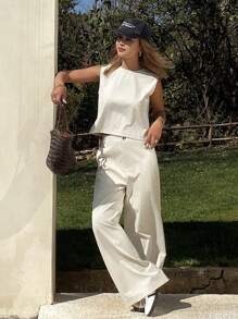 Livesso Women Spring & Summer Casual Vacation Waistcoat Two-Piece Set - Beige - View 2