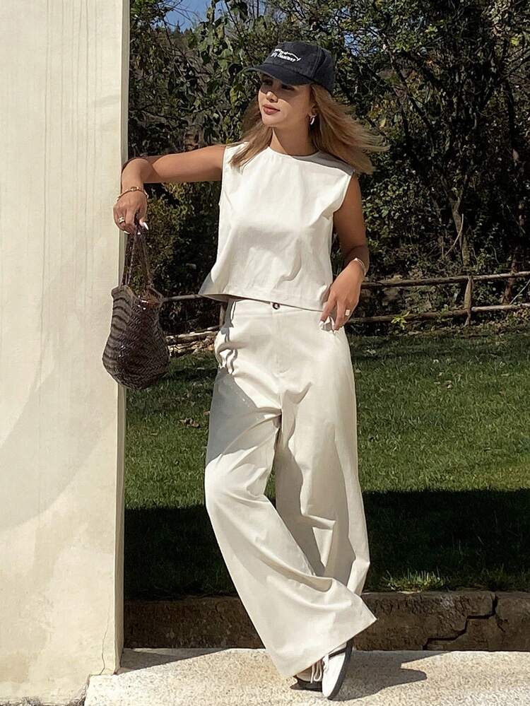 Women Spring & Summer Casual Vacation Waistcoat Two-Piece Set