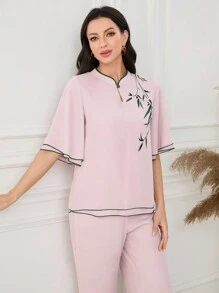 Lacomfia 2 pièces/Set Femmes Top casual imprimé col montant et pantalon long Ensemble