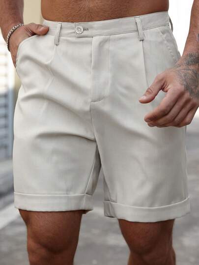Manfinity Homme Men's Solid Color Front Button Pocket Casual Shorts Summer