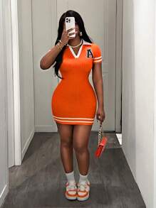 Slaydiva Summer Casual Streetwear Striped Letter Print Color Contrast Rib Knit Mini Dress