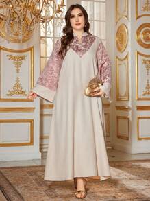 Al Najma Plus Size Elegant Jacquard Patchwork Bell Sleeve Turkish, Modest Kaftan - Apricot - View 3