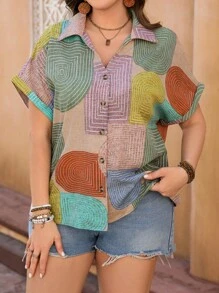 EMERY ROSE Plus Size Women Geometric Print Front Button Short Sleeve Shirt - Multicolor - View 3